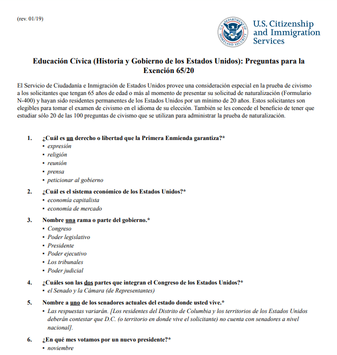 20 preguntas para la exención 65/20 (mayores de 65 años y con más de 20 años de residencia en Estados Unidos)